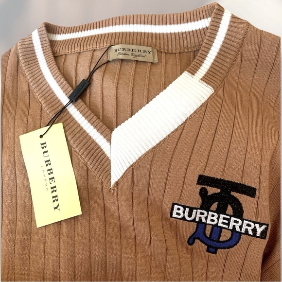 Burberry Pullover V-Neck Cardigan XL Caramel Brown/White Quiet Luxury NWT - Picture 3 of 14